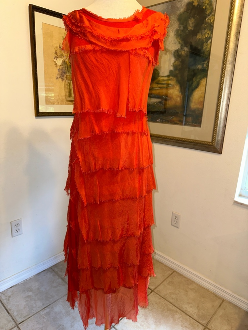 Made in Italy Coral-Orange Tiered Fringe 100% Silk Dress Size Medium - Picture 2 of 9